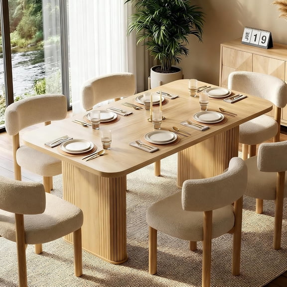 TacleeKii 62" Dining Table for 6-8, Rectangle Wooden Kitchen Table with Double Robust Pedestal, for Dining Room, Kitchen, Natural
