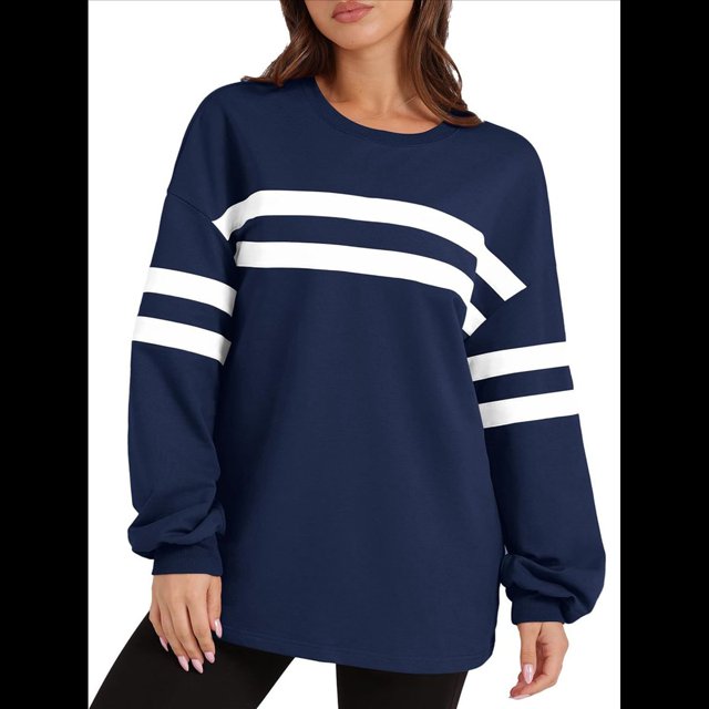 Sudadera Holgada A Rayas para Mujer, Cuello Redondo, Larga, Informal, con Bloques de Color, para Otoño Azul Marino L