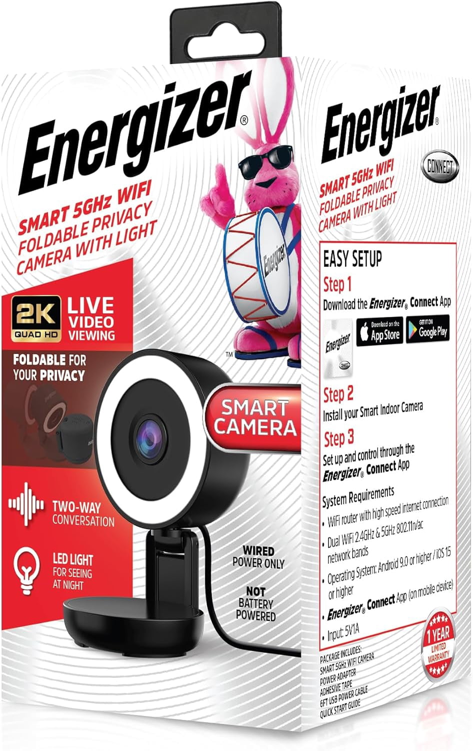 Energizer Smart 2K Wired Indoor Camera with Light for Night Vision, Foldable for Privacy, Remote Access, 130° Wide Angle, Recording, Instant Motion Alerts, Two-Way Audio, Hub-Free Wi-Fi (Black)