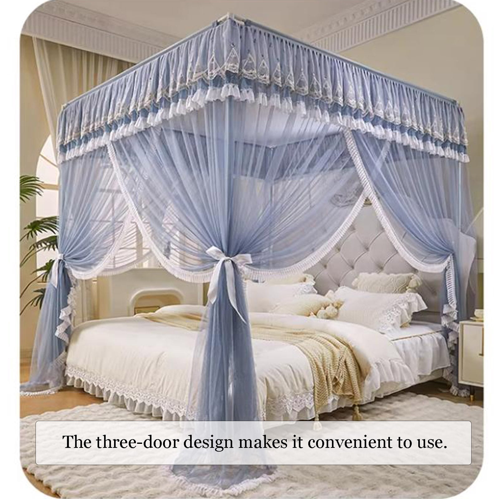Floor Standing Mosquito Net Bed Canopy,4 Corner Post Three-Door Bed Canopy, Cozy Breathable for Girls Adults Bedroom Decoration