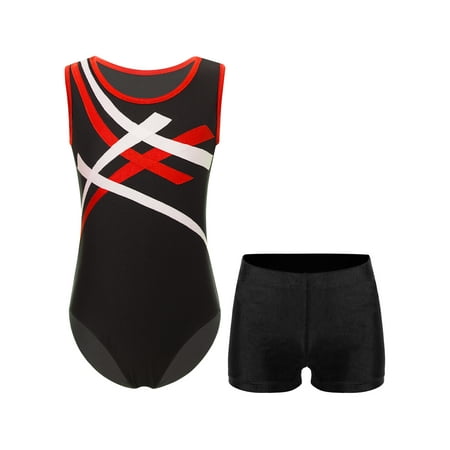 Sywiyi Kids Sport Workout Outfit Girls Gymnastics Dance Leotard Sparkly Bodysuit and Yoga Shorts Red&Black 12