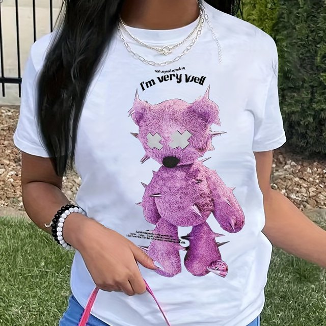 Camiseta Con Cuello Redondo Y Estampado De Oso, Camiseta Informal De Manga Corta Para Primavera Y Verano, Ropa De Mujer