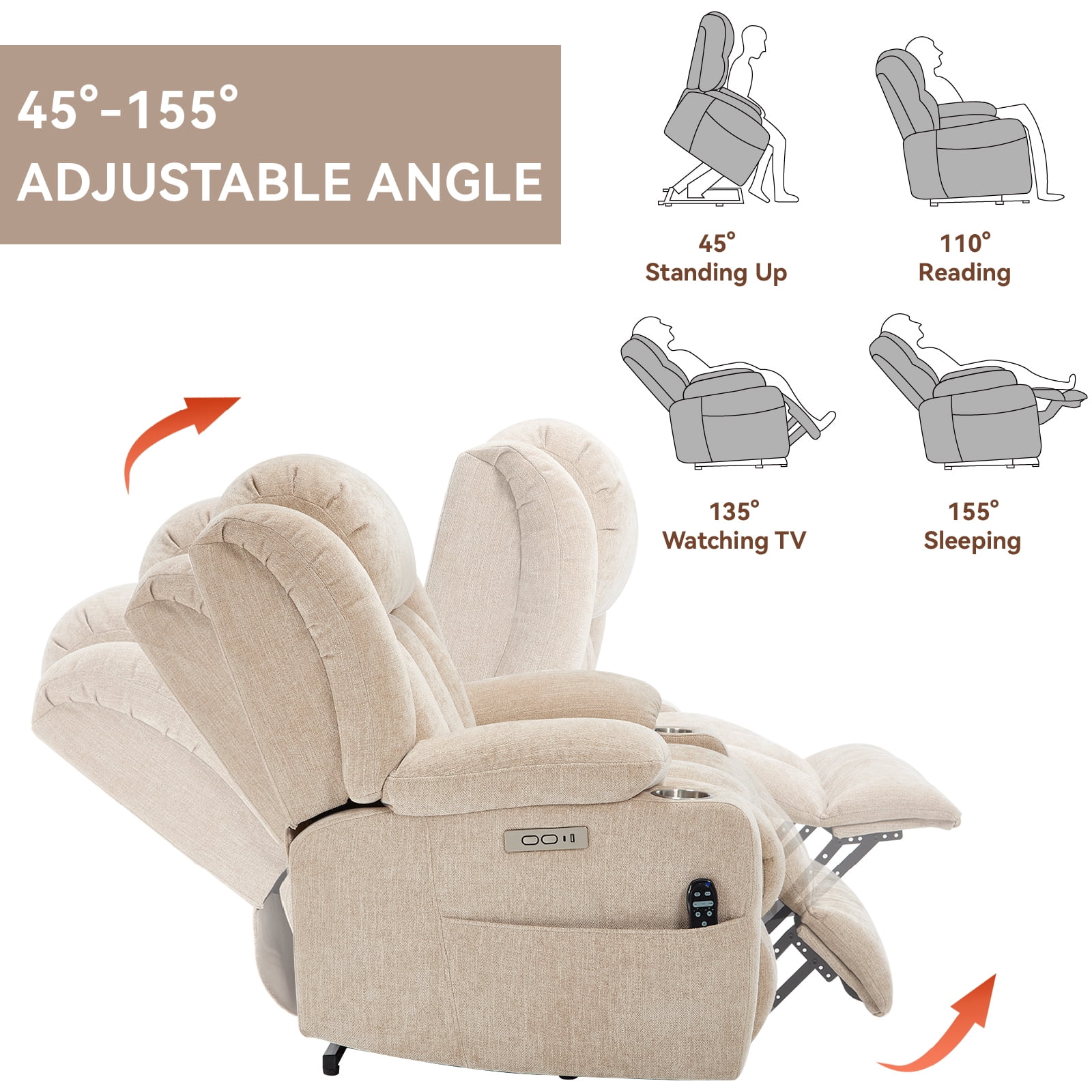 Alvantor Large Power Lift Recliner Chair for Elderly with Massage and Heat Chenille Electric Recliners Chair with USB Ports & Cup Holders for Living Room Beige