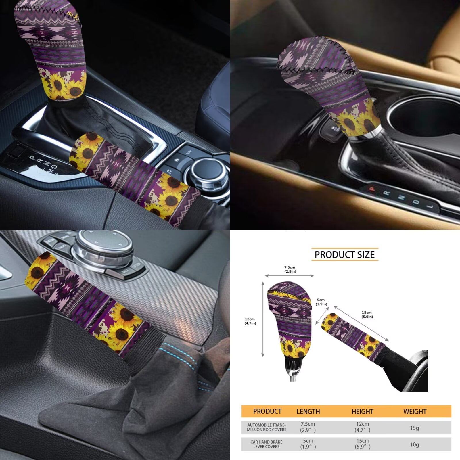 Garronmavis Purple Aztec Sunflower Universal Car Seat Covers Full Set for Steering Wheel Wrap Gear Shift Cover Handbrake Sleeve Headrest Protectors Cup Coasters Super Breathable Car Seat Cushion