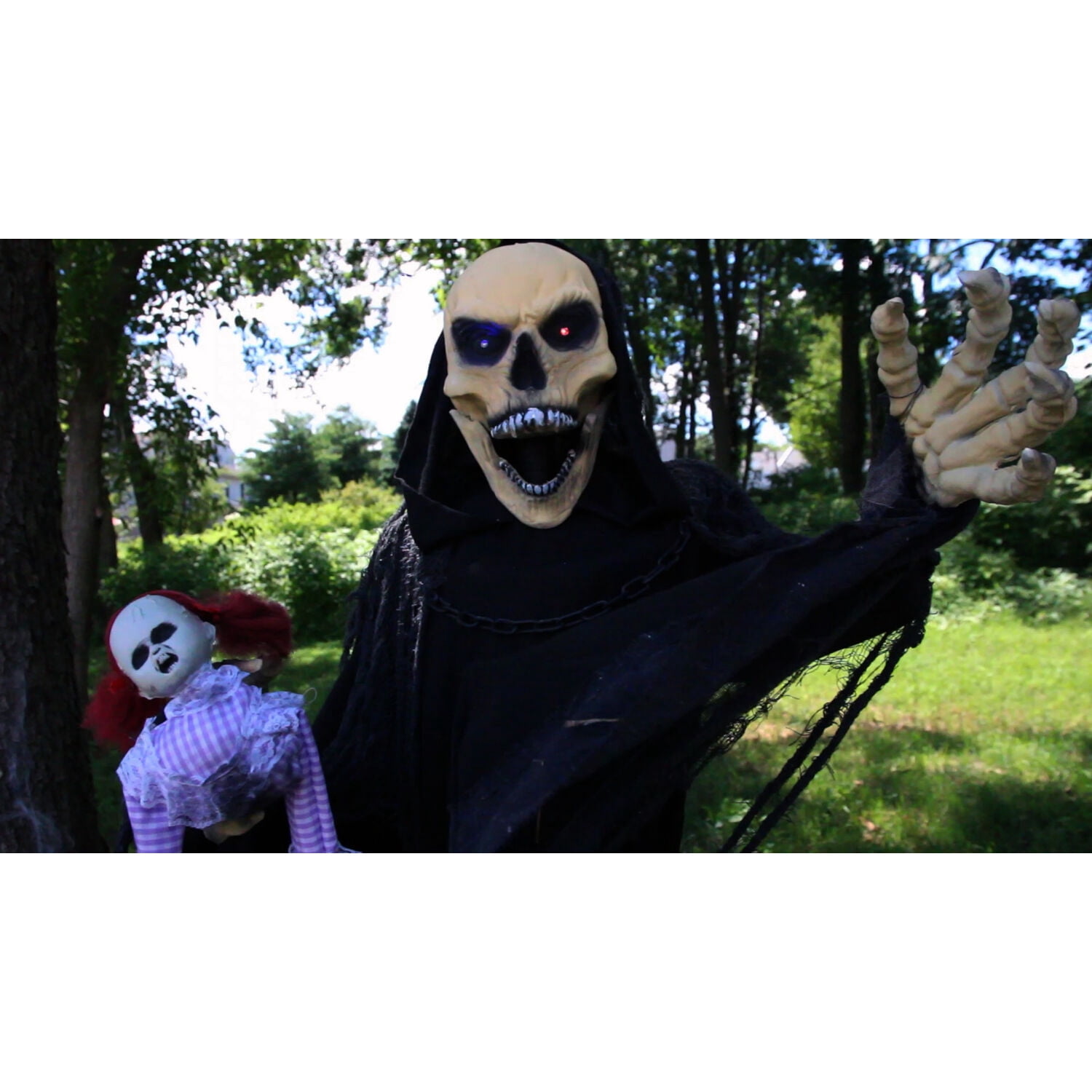 Haunted Hill Farm Life-Size 5.7 ft Animatronic Reaper, Indoor/Outdoor Halloween Decoration, Flashing Colorful Eyes, Poseable, Battery-Operated, HHRPR-6FLSA