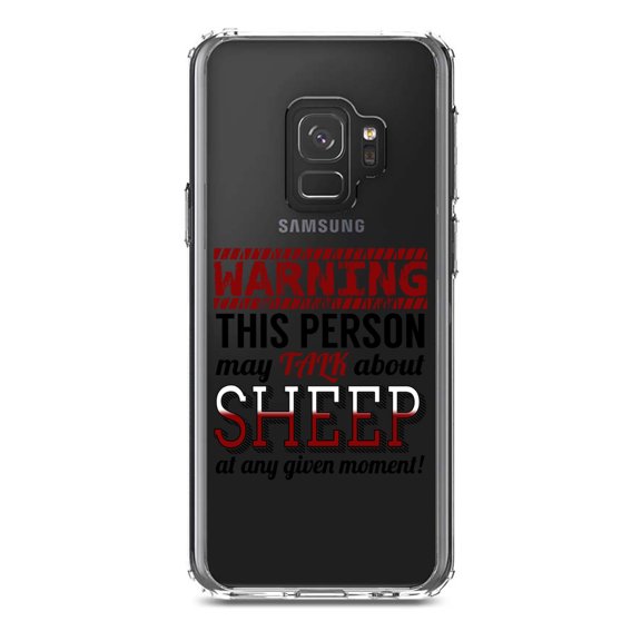 DistinctInk Clear Shockproof Hybrid Case for Samsung Galaxy S9 (5.8" Screen) - TPU Bumper Acrylic Back Tempered Glass Screen Protector - WARNING This Person May Talk About Sheep