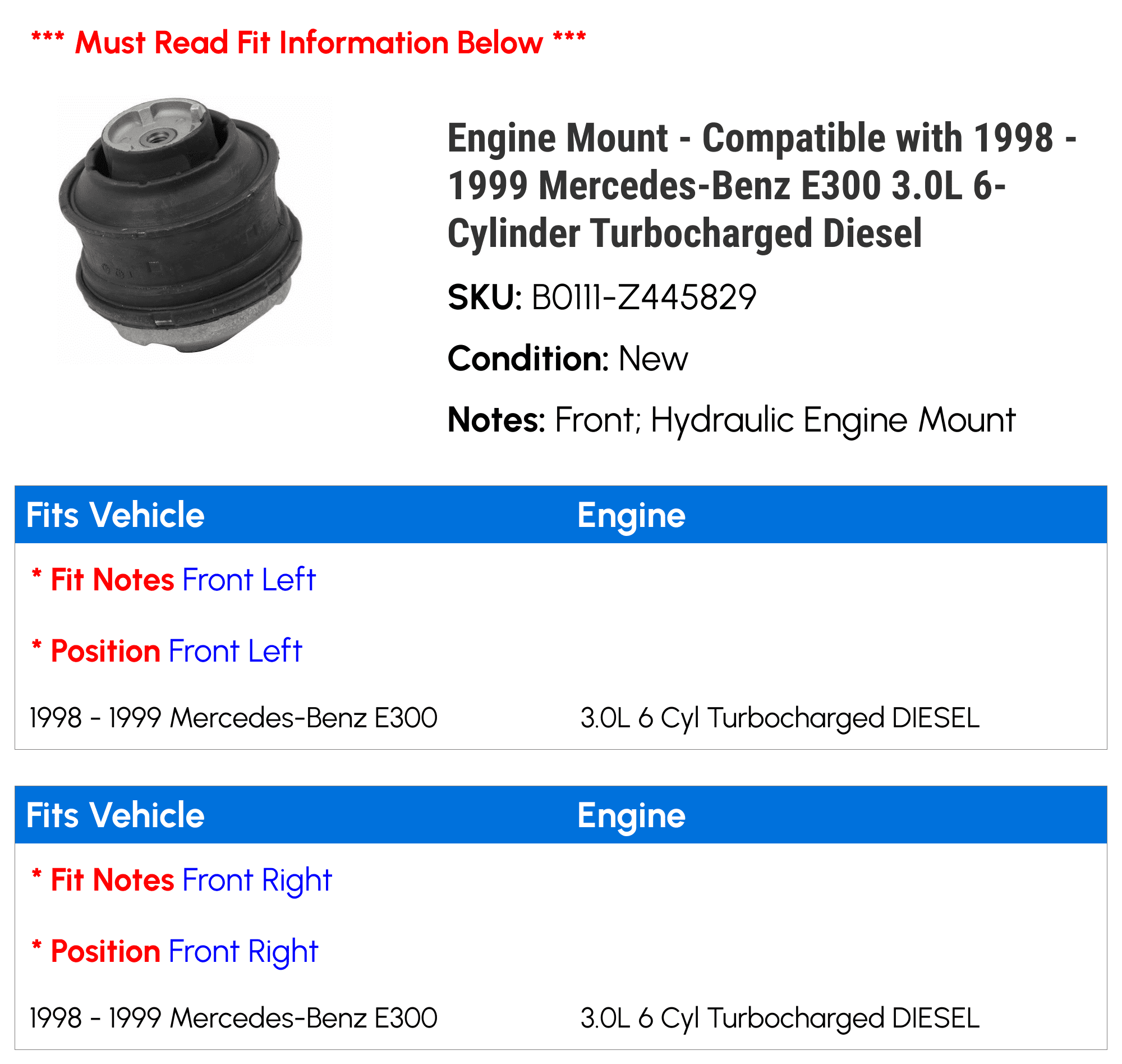 Engine Mount - Compatible with 1998 - 1999 Mercedes-Benz E300 3.0L 6-Cylinder Turbocharged Diesel