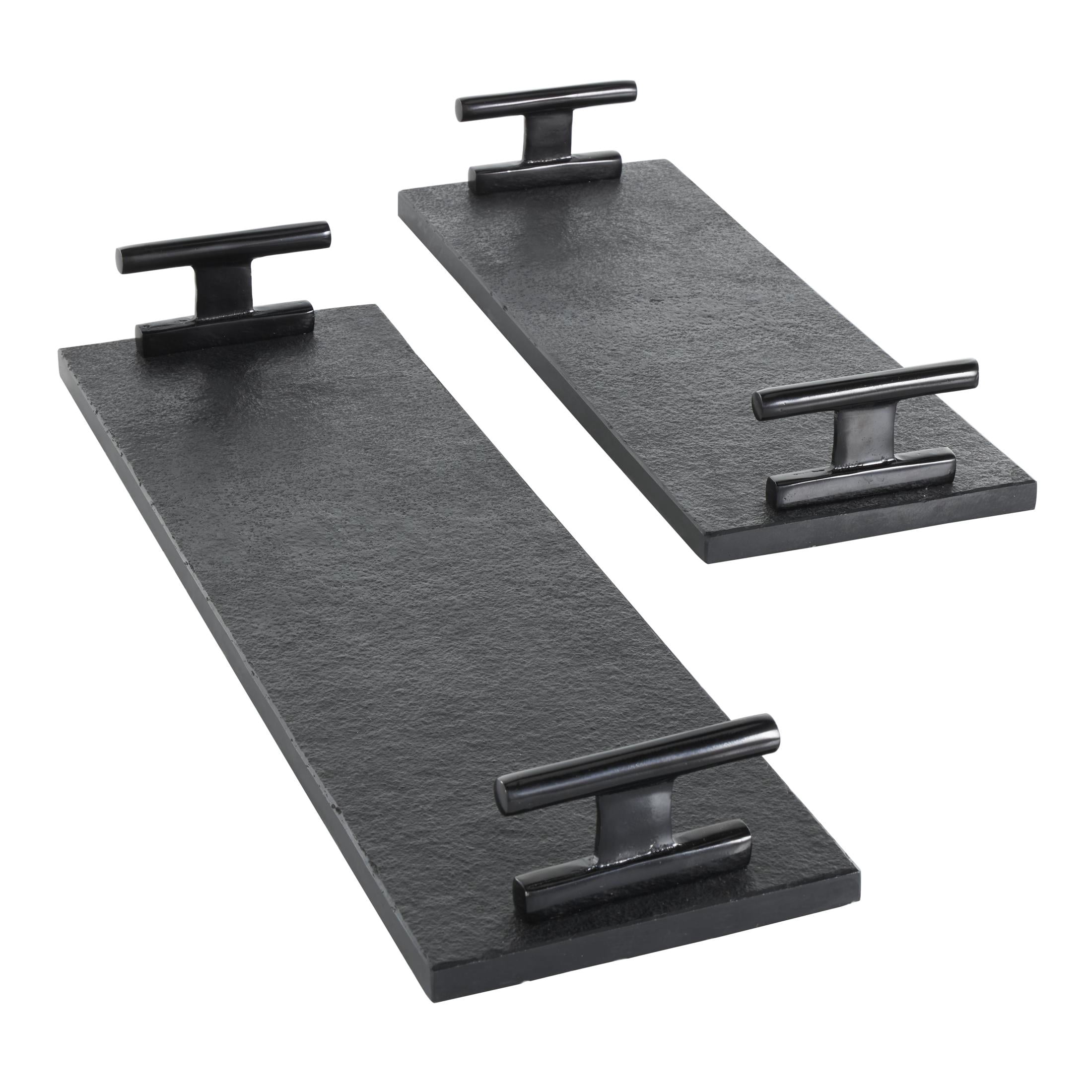 DecMode 22", 18"W Black Marble Textured Tray with Black Handles, 2-Pieces
