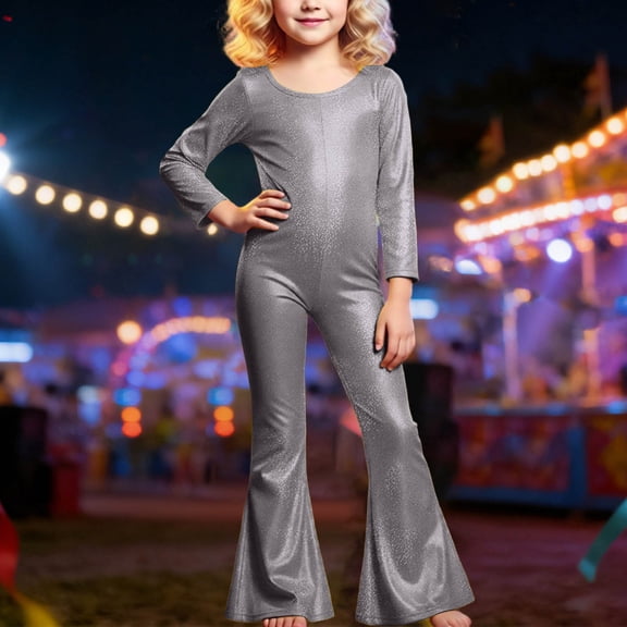 ZHOGXU Kids Girls Romper Long Sleeve Round Neck Solid Color Glitter Stretchy Comfortable Jumpsuit Bodysuit For Stage Performance,Black,3-4 Years