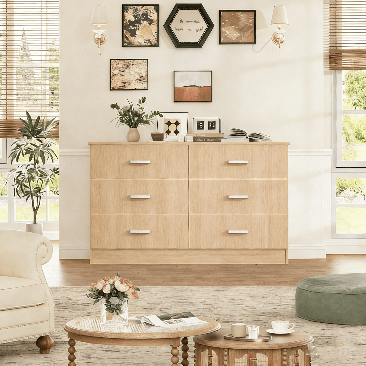 Winkalon Oak Dresser for Bedroom, 6 Drawer Dresser Chest of Drawers, Wood Dressers for Closet, Wide Modern Dressers for Living Room, Hallway, Entryway, TV Stand, Oak