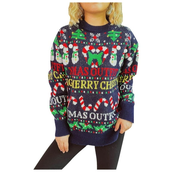 vigerkar Womens Ugly Christmas Sweater Funny Xmas Santa Claus Pullover Top Knit Casual Long Sleeve Sweater (Blue, XL)