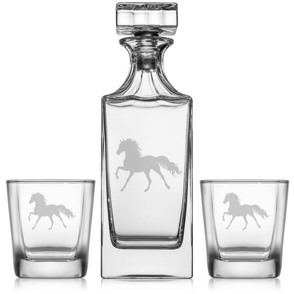 Whiskey Decanter Gift Set With 2 Whiskey Old Fashioned Rocks Glasses Horse