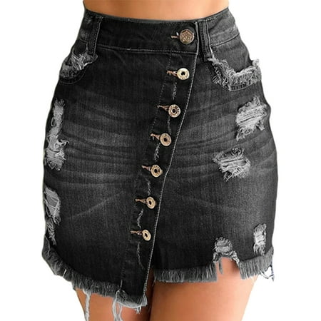 Sexy Dance Summer Pockets Jean Skirts For Women High Waist Ripped Skirt ...