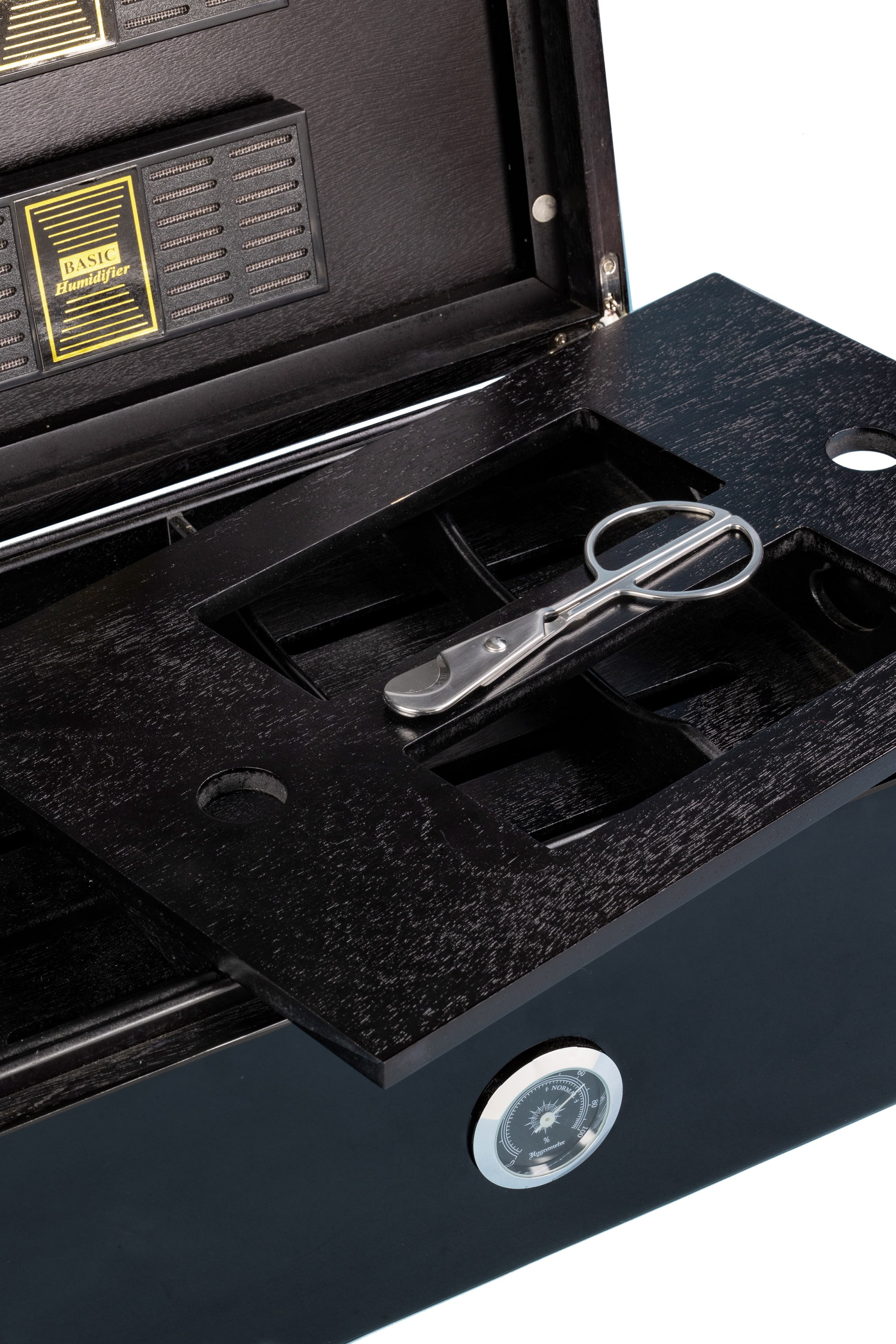 Dakota Desktop Cigar Humidor w/ Scissors - Deep Black Lacquer Finish - Capacity: 120