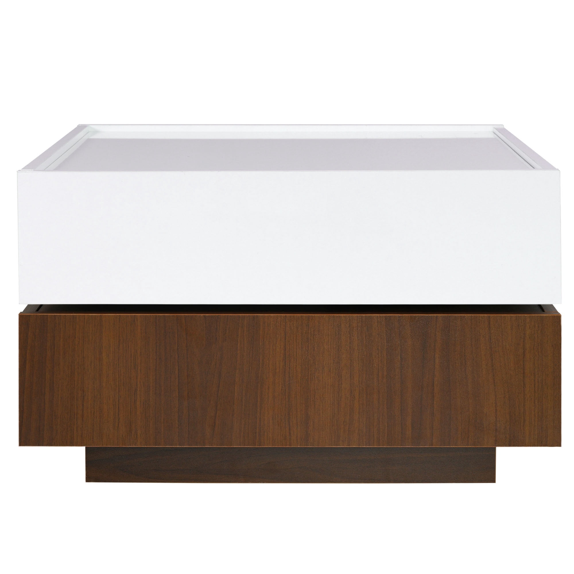 PORKISS 360 Rotating Coffee Table, Square Coffee Table with 2 Drawers, Modern Storage Coffee Table with Swivel Tabletop and Storage, High Gloss Walnut Table Frame Side Table for Living Room, White