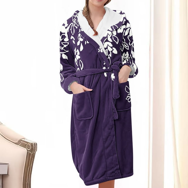 Meichang Peignoir pour Femmes en Flanelle à Capuche Pyjamas Robes Imprimé Floral Manches Longues Poches Robe de Chambre Douillette Hiver Longues Robes
