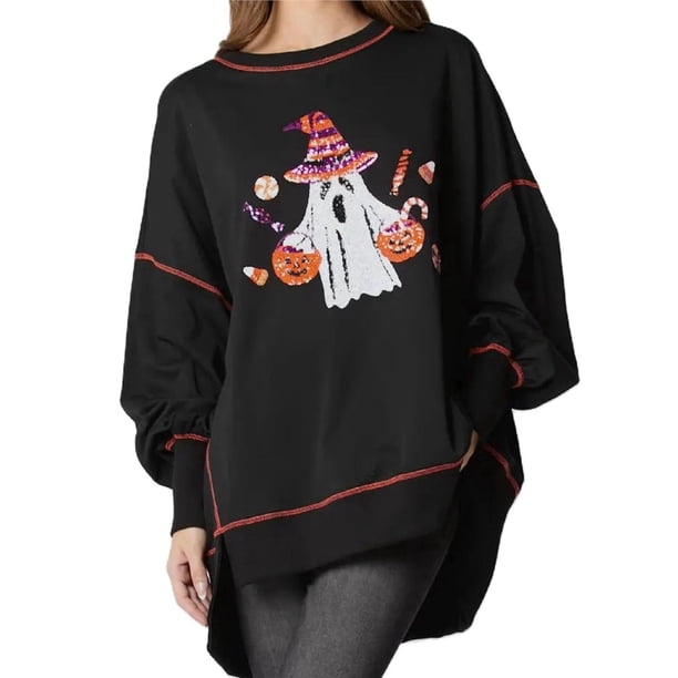Sudadera de Halloween con Lentejuelas para Mujer, Larga, Purpurina Brillante, Calabaza, Fantasma, Suéter Feo de Halloween Negro S