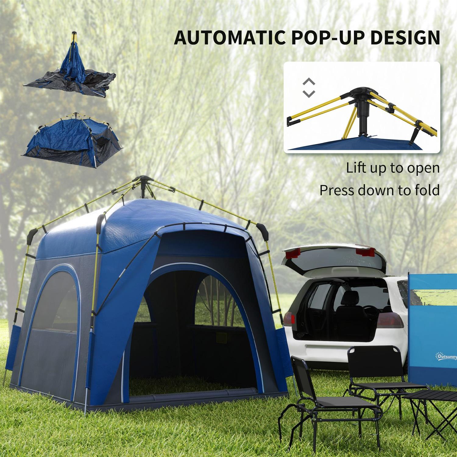 Demi Bonn 4-Person Pop Up Camping Tent, Automatic Hydraulic Quick Setup Family Travel Tent with Windows, Doors & Carry Bag, Blue