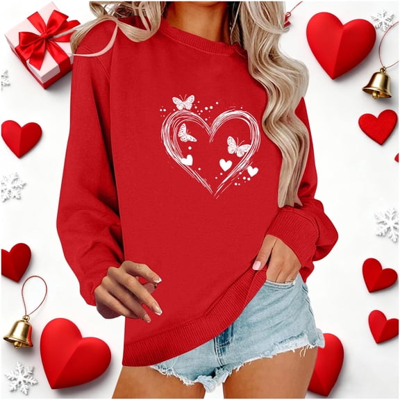 Elvqul Womens Crew Neck Sweatshirts Print Sweatshirts Hoodies Fleece Valentines Pullover Long Sleeve Tops for Women Fashion