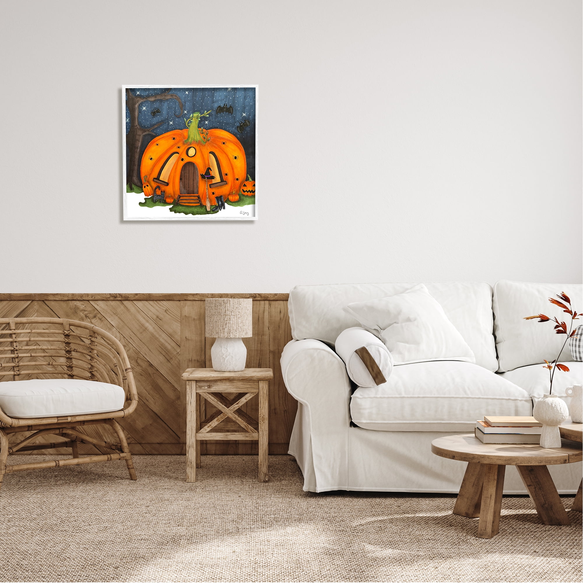 Stupell Industries Pumpkin House In Woods Holiday Painting White Framed Art Print Wall Art