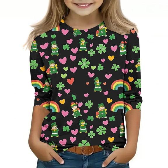 CYRBOKO Graphic Tee for Girls, Gift 3/4 Sleeve St. Patrick's Day Crewneck Tops for Holiday Multicolor Size 12-13 T