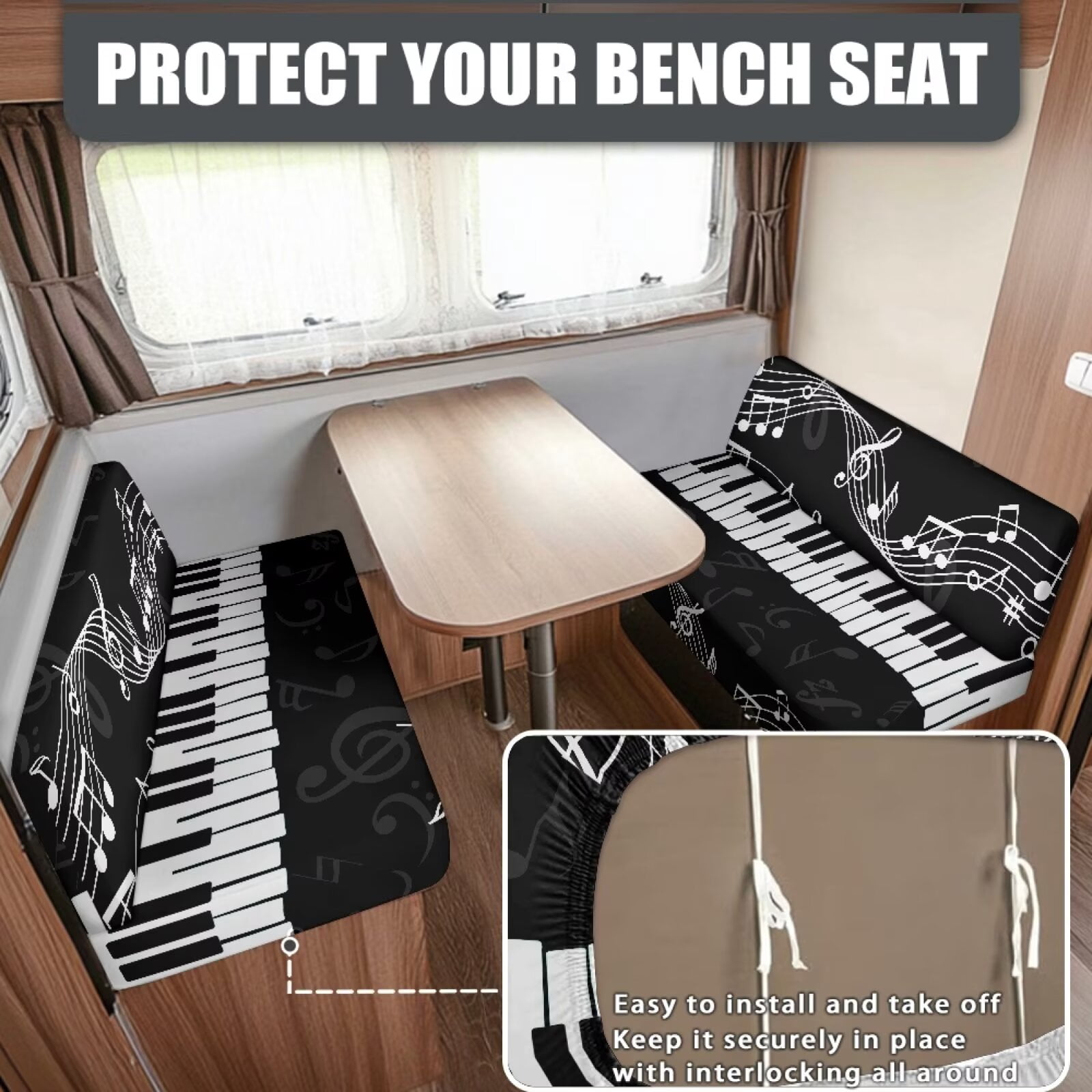 Psesaysky RV Dinette Cushion Covers Stretch Camper Cushion Slipcover Non-Slip Art Piano Music Note Sofa Couch Cover for Travel Trailer Includes 1 Seat Covers and 1 Back Covers