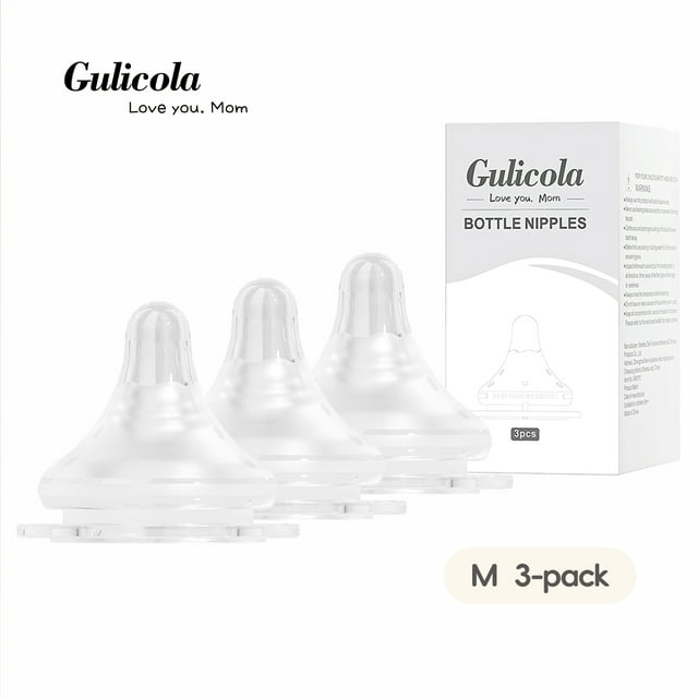 Natural Flow Baby Bottle Silicone Nipple Level 2, Medium Flow (M), 3+ Months, 3 Counts (Pack of 1) by Gulicola. The image shows three transparent silicone nipples with a breast-like design, featuring anti-colic venting and latch guidance points. The packaging box is displayed in the background, labeled 'Bottle Nipples' and '3pcs.'