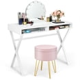 thumbnail image 1 of Gymax Vanity Table Set Writing Desk Makeup Table w/Round Storage Ottoman Pink, 1 of 10