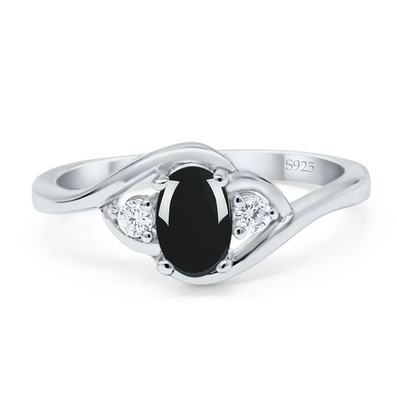 Three Stone Oval Natural Black Onyx Trio WeddingRing 925 Sterling Silver size 5