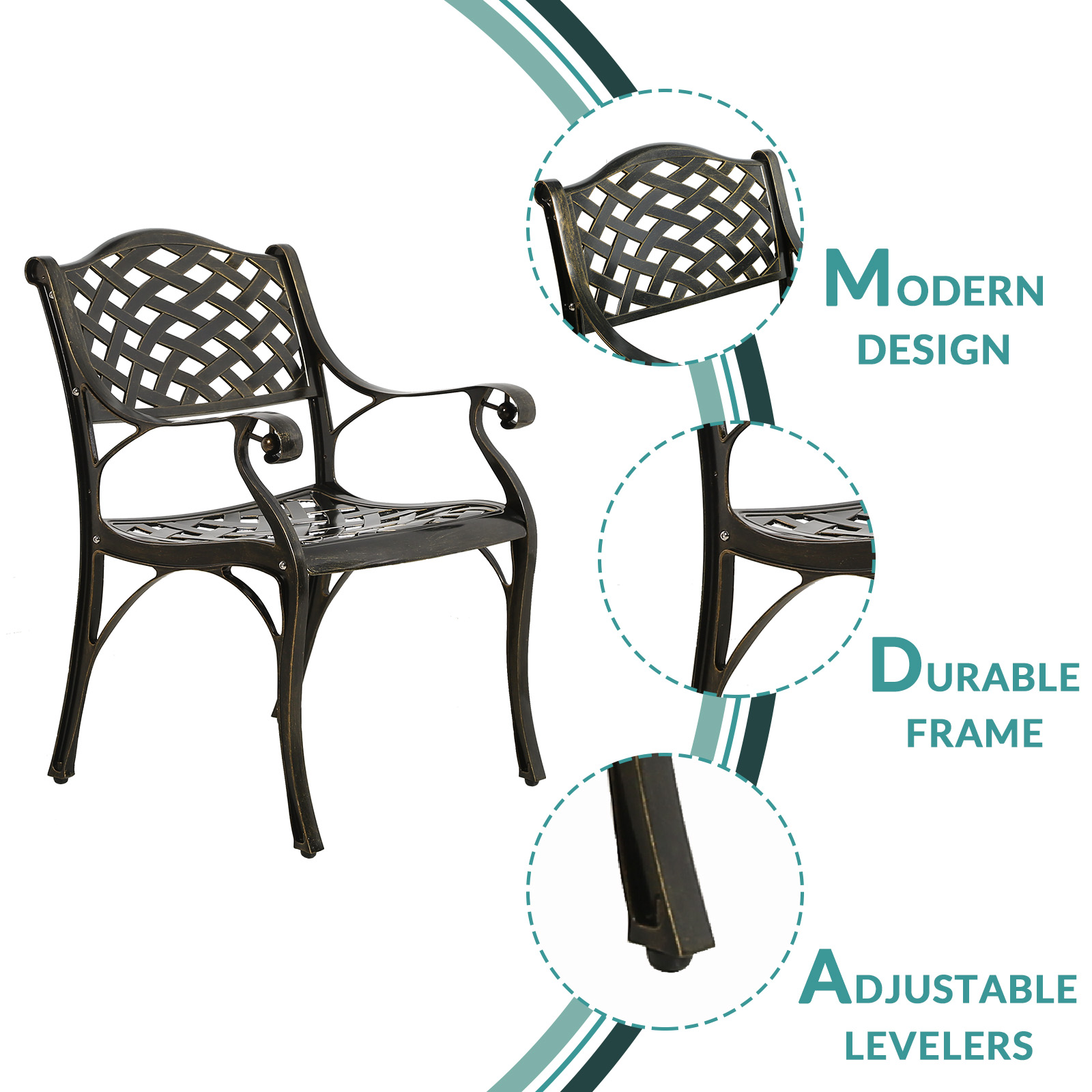 MEETWARM 2 Piece Patio Dining Chairs, Outdoor All-Weather Cast Aluminum Chairs, Patio Bistro Dining Chair Set of 2 for Garden Deck Backyard, Lattice Weave Design - image 2 of 7