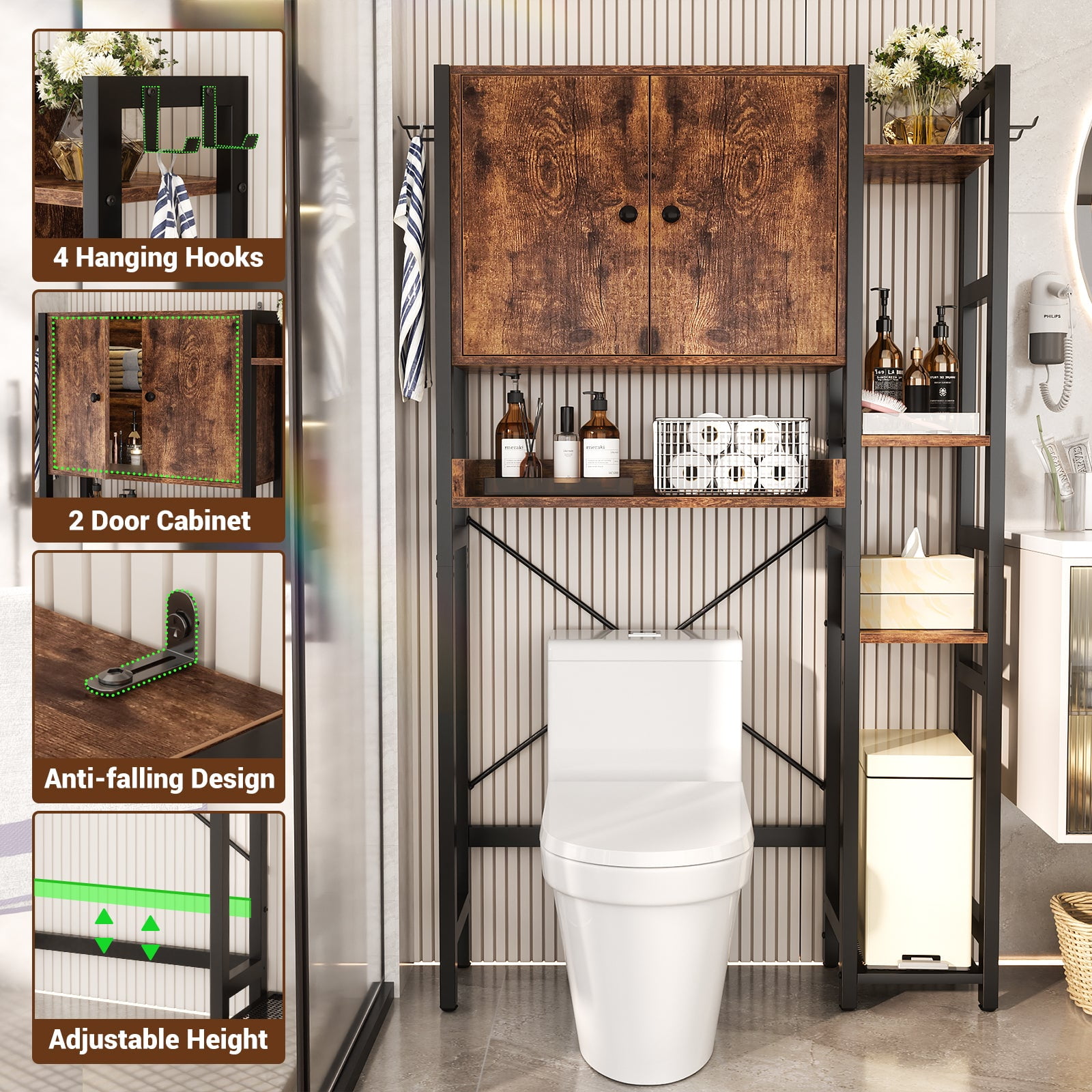 Over The Toilet Storage Cabinet with Doors, Homieasy 7 Tier Bathroom Organizer with Adjustable Shelf and 4 Hooks, Space Saving Rack for Bathroom, Restroom, Laundry