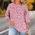 thumbnail image 2 of MaFYtyTPR Women's Retro Printed Shirts Plus Size Casual Linen Ruffled Crewneck Top Three-Quarter Sleeve Oversize T-Shirt With Front Cutout A-Pink L, 2 of 5