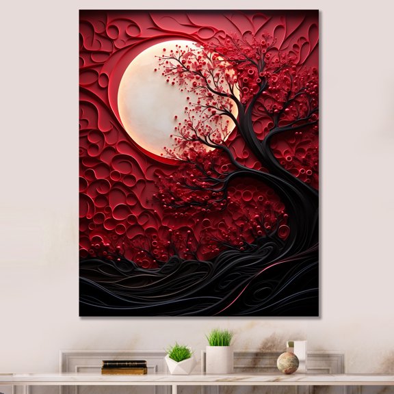 Designart "Radiant Ruby Red Moon" Moon Canvas Wall Art