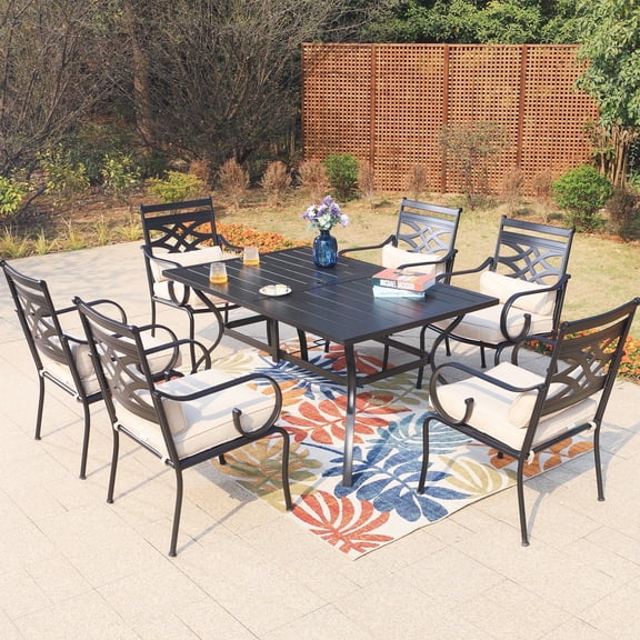 SUMMIT LIVING 7-Piece Outdoor Patio Dining Set with Aluminum Chairs with Seat Cushions & Back Cushions & Rectangle Table with Umbrella Hole for 6-Person, Black & Beige