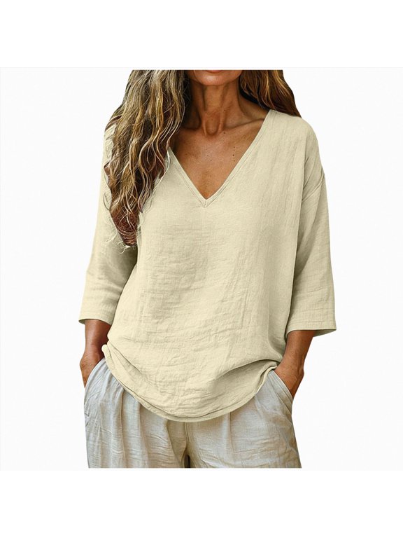 Cotton Linen Tops for Women, Summer V Neck Half Sleeve Gauze Shirts, Business Casual Dress Work Peasant Boho Blouses (Beige, XL)