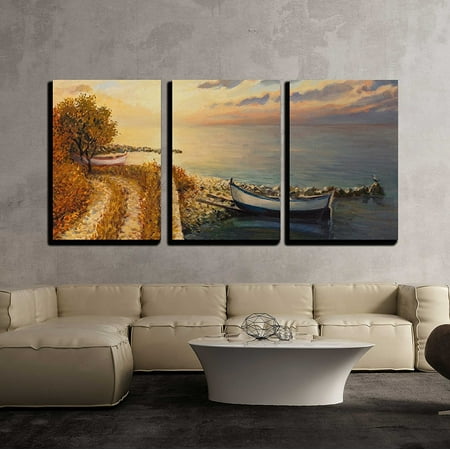Oil Wall Art Piece wall26 - 3 Piece Canvas Wall Art - an Oil Painting on Canvas of a Romantic Colorful Sunrise by the Sea with a Boat - Modern Home Decor Stretched and Framed Ready to Hang - 24