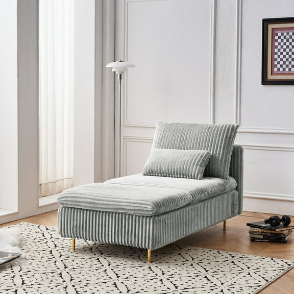 Youdao Modern 62.6" Corduroy Chaise Lounge with Golden Legs, Comfy Upholstered Sleeper Sofa Recliner with Support Pillow for Bedroom, Living Room, and Office, Light Green