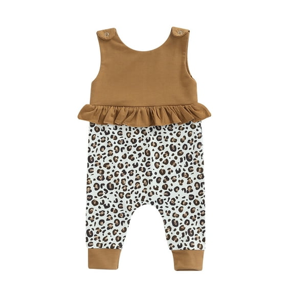 Seyurigaoka Baby Girls Summer Sleeveless Jumpsuit, Leopard Print Splicing Lace Hem Round Neck Romper Siamese Trousers