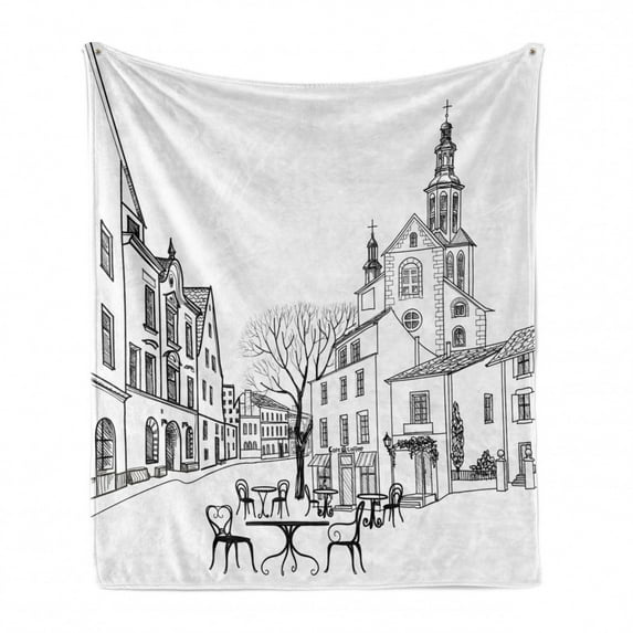 Cityscape Soft Flannel Fleece Blanket, Street Cafe in Old City Houses Buildings Tree Alleyway Medieval Castle Landscape, Cozy Plush for Indoor and Outdoor Use, 50" x 60", Black White, by Ambesonne