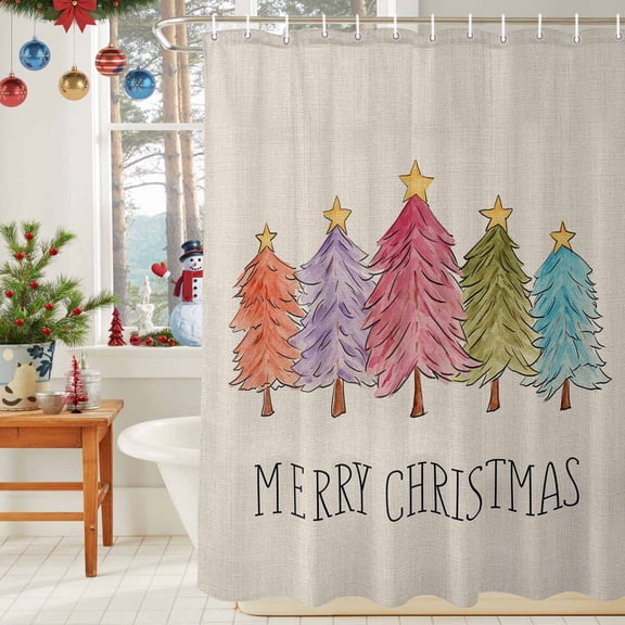 Shower Curtain Bathroom Set Merry Christmas Colorful Xmas Tree Stars Waterproof Fabric Shower Curtains with Grommets&Hooks Vintage Linen Privacy Bath Curtain for Bathtub 36x72in