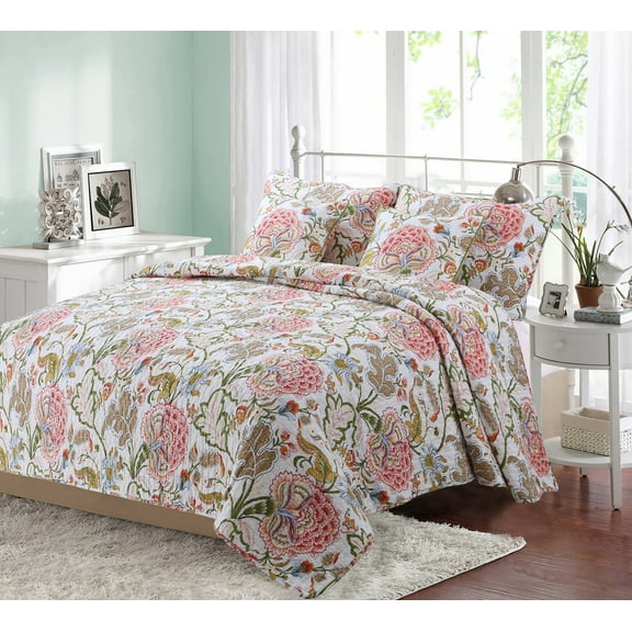 Queen Camellia 100% Hypoallergenic cotton 3 piece Floral Quilt Set Bedroom Quilt Bedding Full/Queen Size White