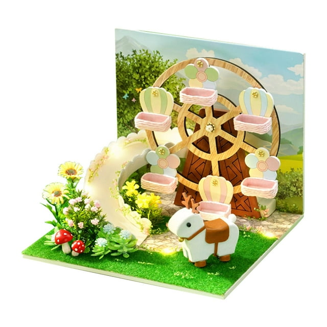 HILABEE Dollhouse DIY Kit Miniature Furniture Kit Creative Room Children Adults Wheel