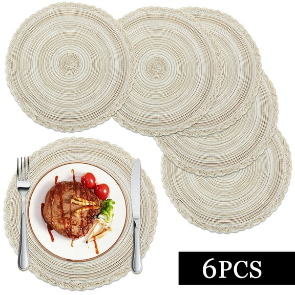 Braided Placemats for Dining Table Set of 6 - Round 15 inch Woven Heat Resistant Non-Slip Kitchen Table Mats, Beige