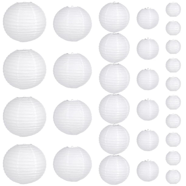 30 faroles de papel blancos de 10, 15, 20, 25 y 30 cm (tamaños surtidos), redondos para colgar en interiores y exteriores, comprimibles para decoración de cumpleaños, bodas, festivales y fiestas
