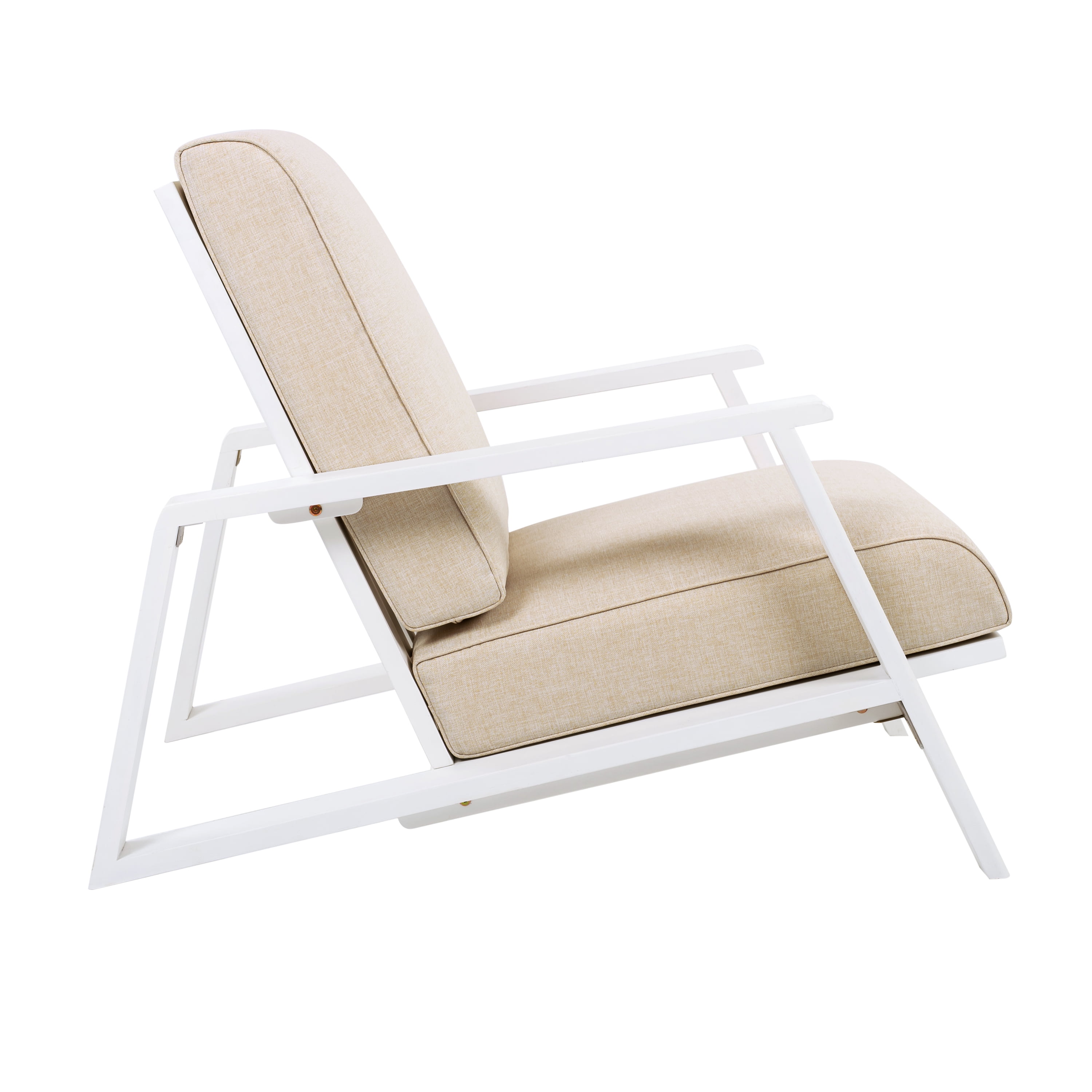 Patio Lounge Chair Outdoor Club Chair with Beige Cushion and White Acacia Wood Frame for Porch Garden, White