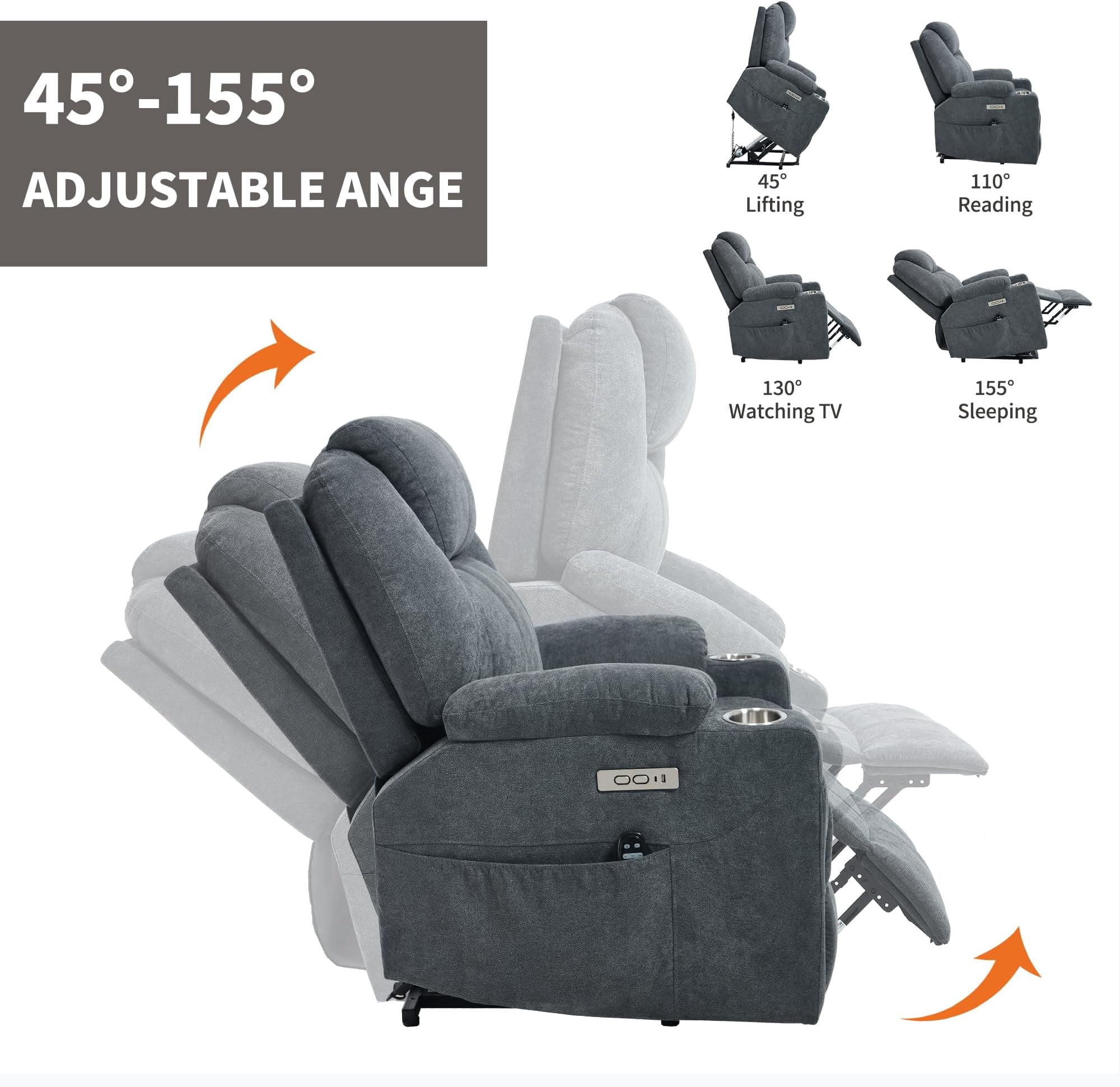 Power Lift Recliner Chair, Electric Lift Recliner for Elderly Reclining Chair with Vibration Massage and Lumbar Heating, Single Sofa with Charging Ports Cup Holders