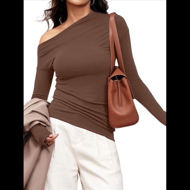 Blusas de Mujer con Hombros Descubiertos, Elegantes, de Larga, Asimétricas, Ajustadas, para Salir, de Otoño, con Frunces. Café L