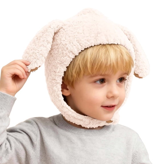 lnmuld Solid Kids Plush Lamb Big Floppy Ear Earflap Hat Button Chin Strap Fuzzy Warm Winter Helmet Hat for Boys Girls Beige,6 Months-3 Years