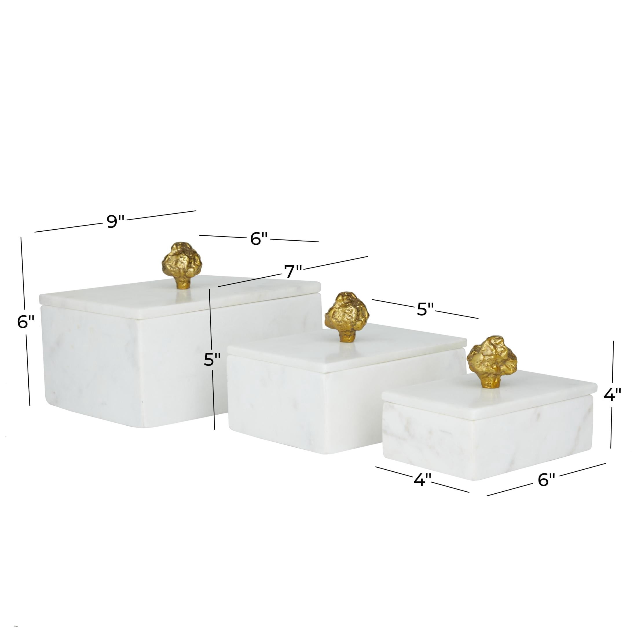 DecMode White Marble Decorative Box with Gold Finial, 3 Count