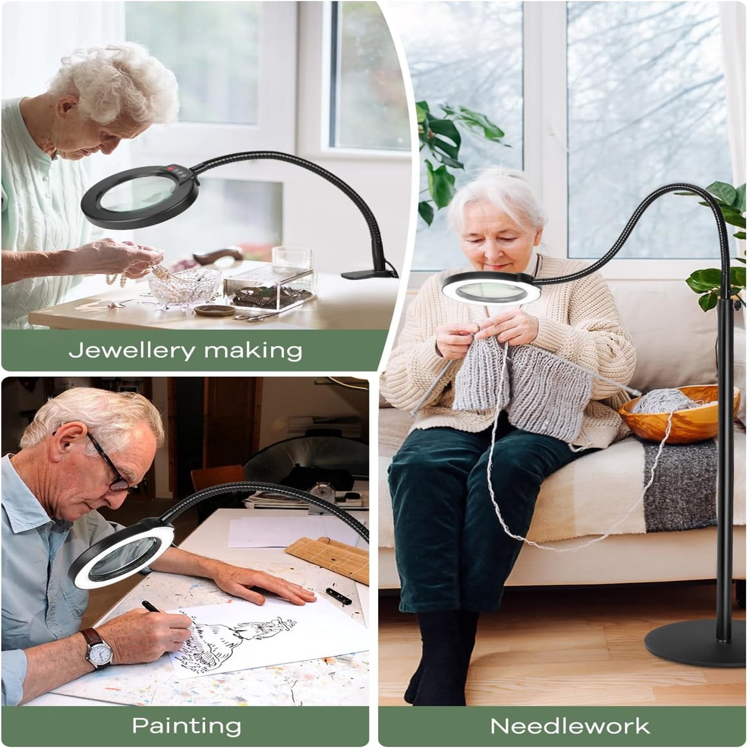 Veemagni Magnifying Glass with Light and Stand,  24" Flexible Gooseneck 5 Color Modes Stepless Dimmable Magnifying Floor Lamp, 3-in-1 Adjustable Lighted Magnifier Hands Free for Close Works, Craft